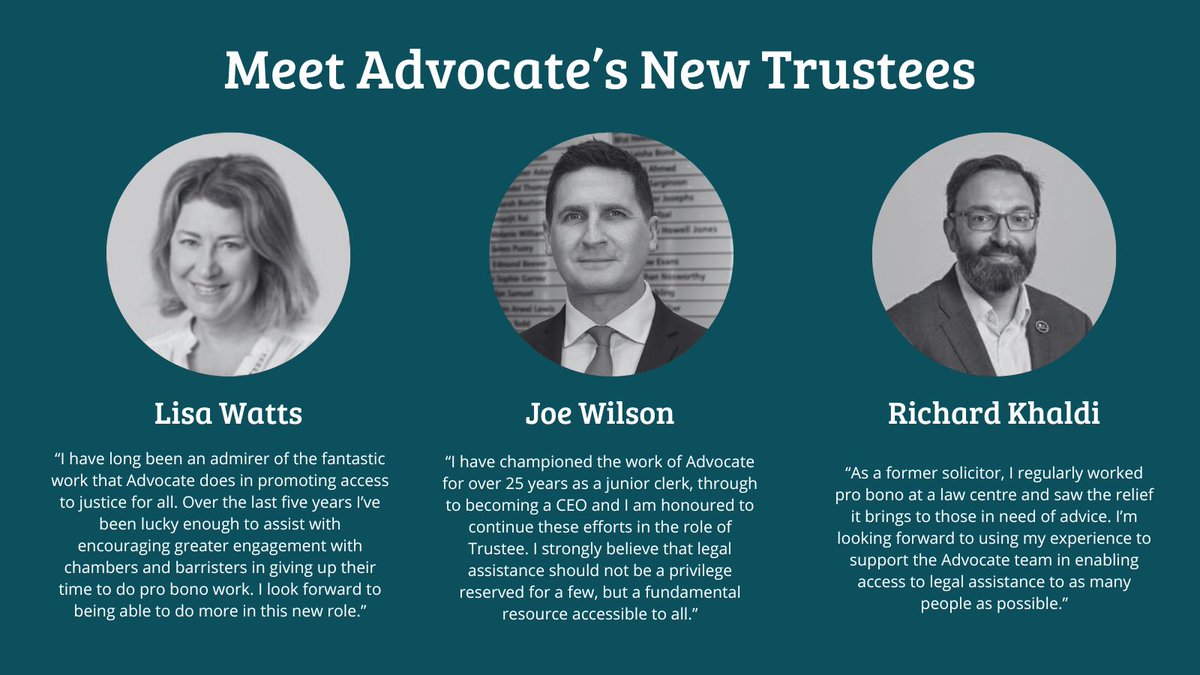 📢 New Trustees! We are delighted to announce that Advocate has three new trustees joining our Board. A warm welcome to Lisa Watts of Caswell Consulting, Joe Wilson of @stphilips and Richard Khaldi of Maitland Chambers! 👏 🔎 Meet our new trustees ⬇️