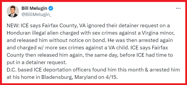 MT ALERT: Fairfax County, VA ignored detainer request on a Honduran illegal alien charged with serious sex crimes against a Virgina minor and was freed. ❌ - Man was re-arrested and let go a second time by Fairfax County, VA. Follow @MigrantTracker Covering what they won't.