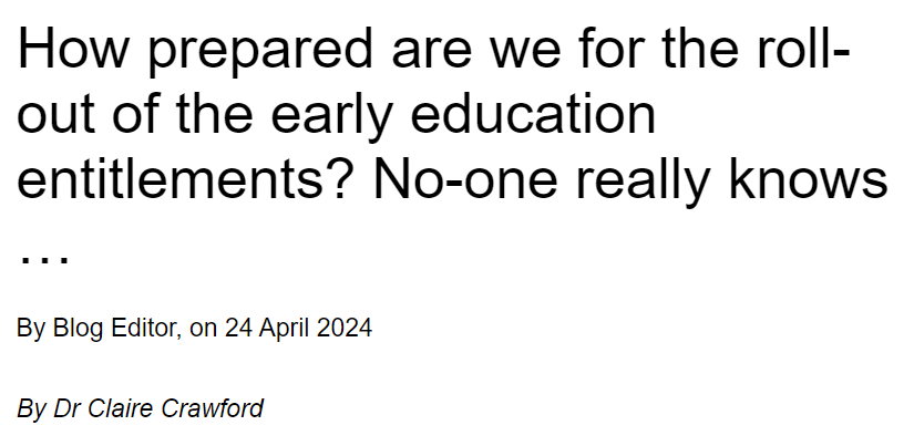A new report from @NAOorguk estimates that 85,000 new childcare places will be needed by September 2025 to deliver the government's new early education entitlements. CEPEO's @claire_l_crawf asks how prepared we are in our latest blog post 👨‍👧👇 blogs.ucl.ac.uk/cepeo/2024/04/…