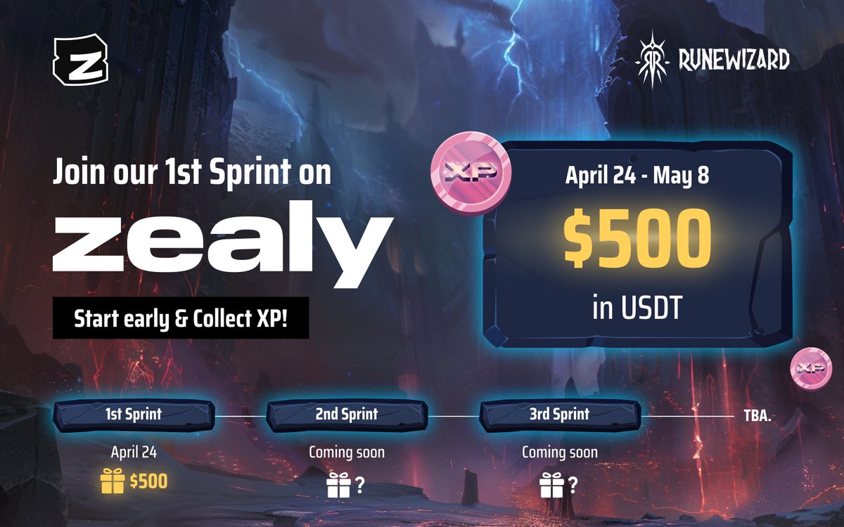 runewizard_xyz's tweet photo. ✅ We're Now on Zealy: The 1st Sprint begins! 🌈

A series of Sprints and Quests where everyone can participate and contribute to our collective success is coming! ✨

🔗 1st Sprint beginning April 24, featuring a $500 USDT prize pool for the top 50 leaderboard at https://t.co/UZX4BMUFGu

Collect XP to unlock exclusive accesses & rewards soon! 🎁

🔎 For more details: https://t.co/lHk6bXjU8X

#RuneWizard #Ordinals #Bitcoin  #Halving #UTXO