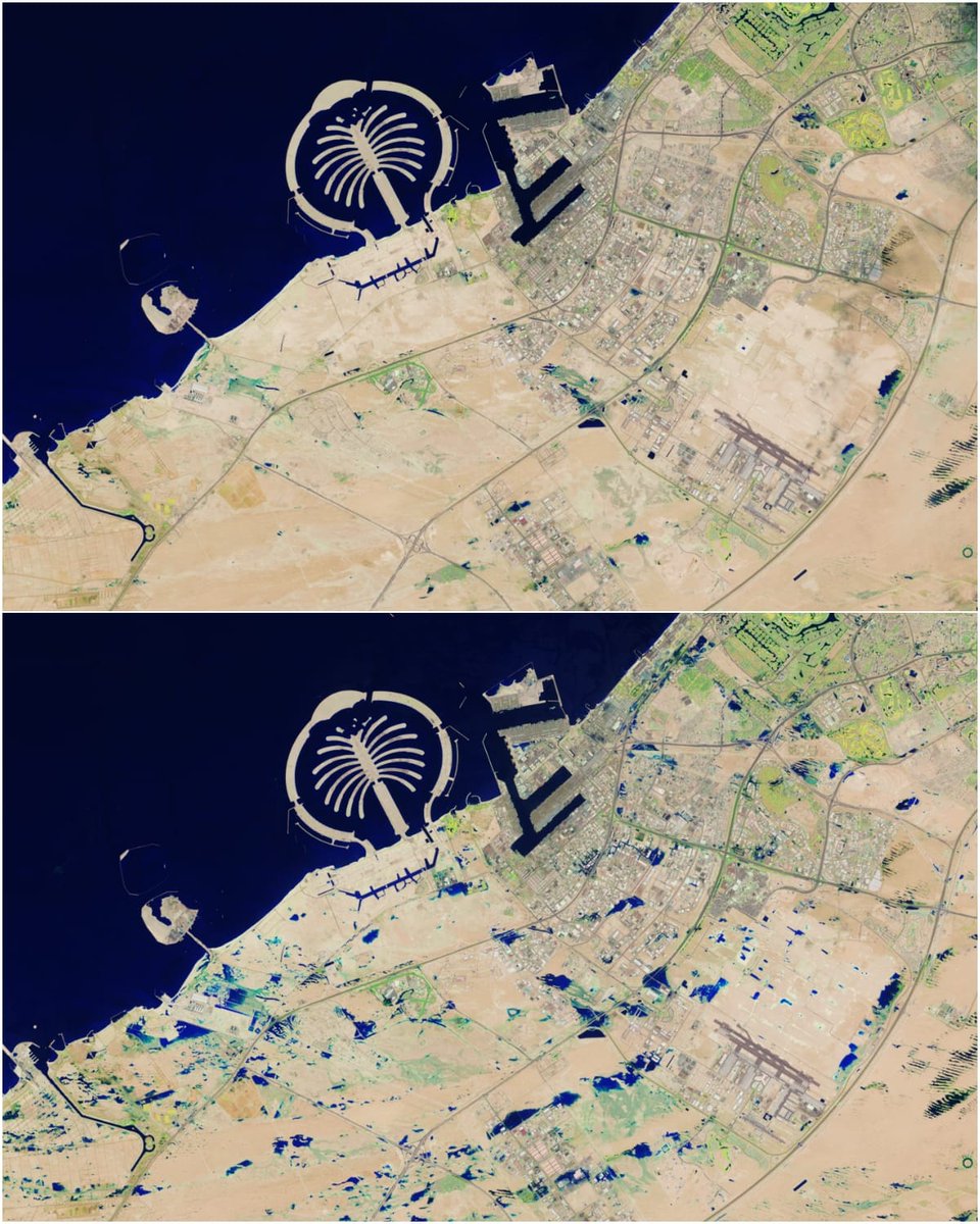 ناسا تنشر صورا فضائية لمدينة دبي قبل وبعد الفيضانات وقد تشكلت البحيرات بسبب المطر الغزير الذي انهمر عليهم في يوم واحد يعادل ما يهطل خلال عام كامل حيث بلغت حوالي 250 مليمتر في 24 ساعة فقط وتُعد الأكثر غزارة في الإمارات خلال 75 عام.