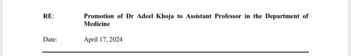 Excited to share my promotion to the role of Assistant Professor in the Department of Medicine, AKU, Pakistan. 
Special thanks to my supervisors and mentors🙏☺️ <a href="/AdilHaiderMD/">Adil Haider</a> <a href="/ZainabASamad/">Zainab Samad</a> <a href="/virani_md/">Salim Virani</a> <a href="/ZohraLassi/">Zohra Lassi PhD - زہرہ</a> <a href="/RosannaTavella/">Rosanna Tavella</a> <a href="/ArstallMargaret/">margaret-arstall</a> <a href="/PrabhaAndraweer/">Prabha Andraweera</a>