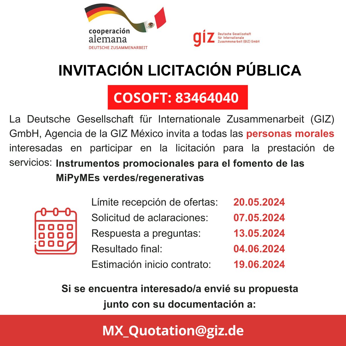 La Deutsche Gesellschaft für Internationale Zusammenarbeit (GIZ) GmbH, Agencia de la GIZ México invita a todas las personas morales interesadas en participar en la siguiente licitación: Visite nuestro sitio web para más información: giz.de/en/worldwide/6…