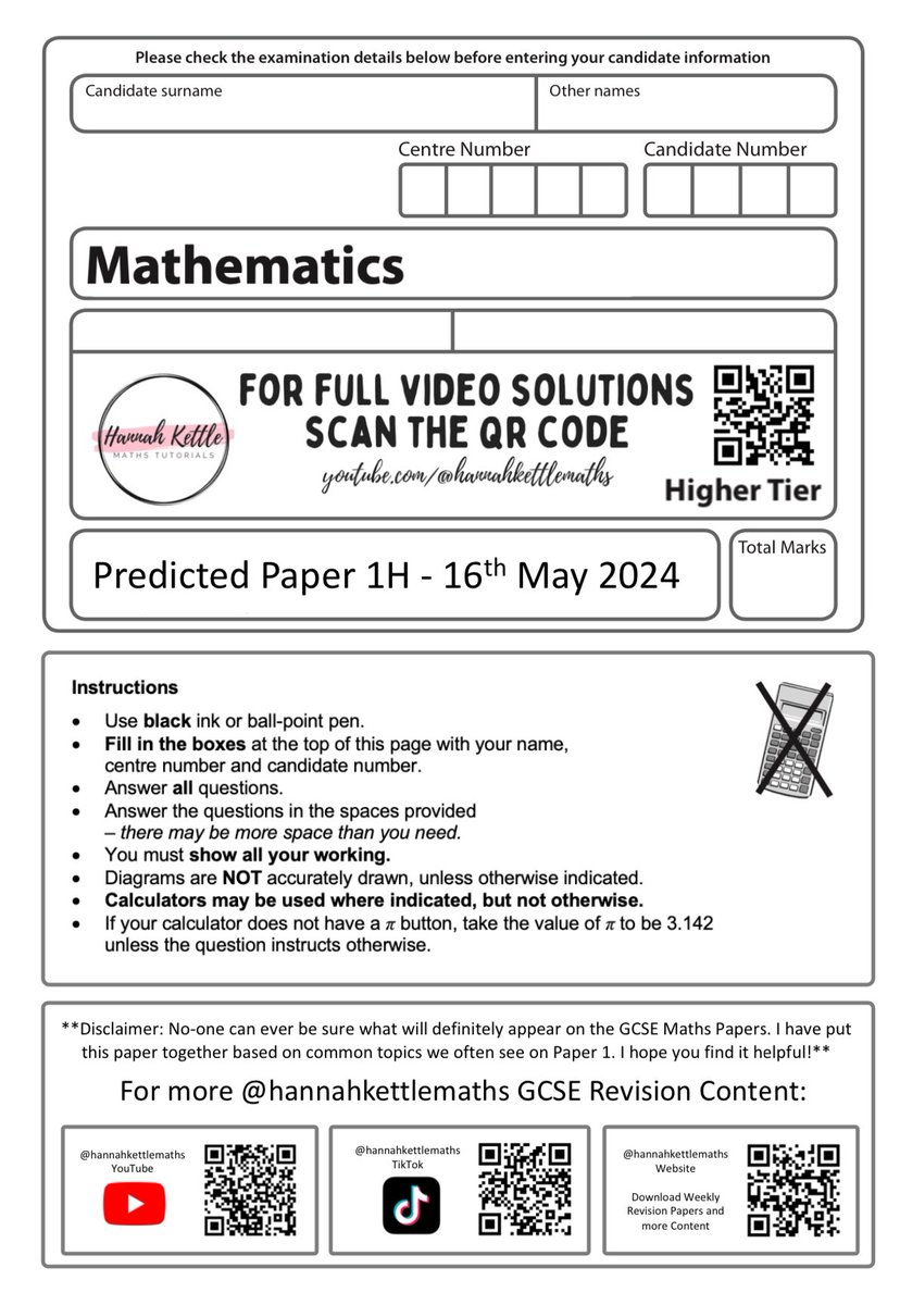 Higher “Predicted Paper” (well, a best guess) for Edexcel Non-Calc now available to download here: bit.ly/3wi30km Enjoy!