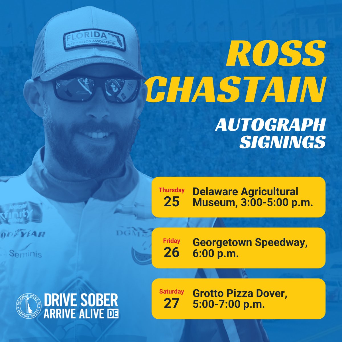 Got a big weekend of activities with @highwaysafetyDE in Dover coming up! I’ll be signing autographs all weekend, so come out and say hi. Remember to #UseYourMelon to travel safely all race weekend.