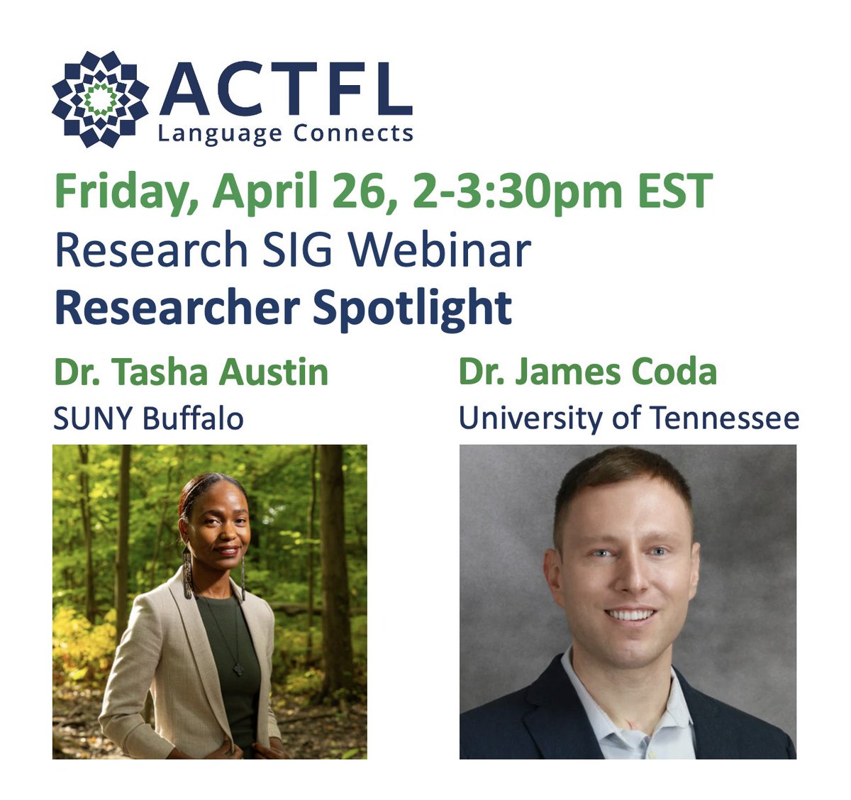 Registration closes tomorrow! This Friday, Dr. Tasha Austin and Dr. James Coda will be presenting their work at the <a href="/actfl/">ACTFL</a> Research SIG "Researcher Spotlight" webinar. ACTFL members can register at "My ACTFL" tab at actfl.org. #langchat