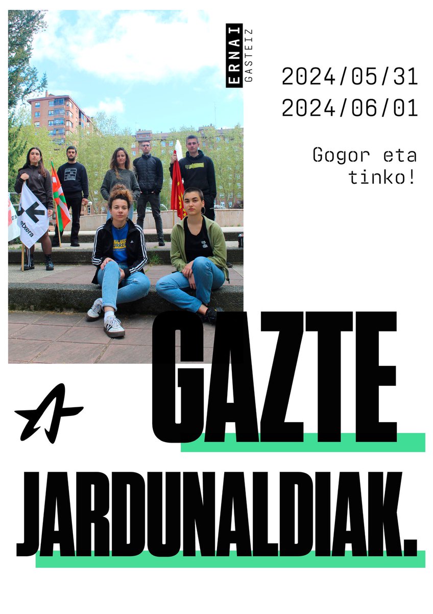 Adi gazte‼️ Maiatzaren 31a eta Ekainaren 1a bitartean Gasteizko gazte jardunaldiak izango ditugu. Joan data gordetzen, laister berri gehiagorekin gatoz eta! #gogoretatinko