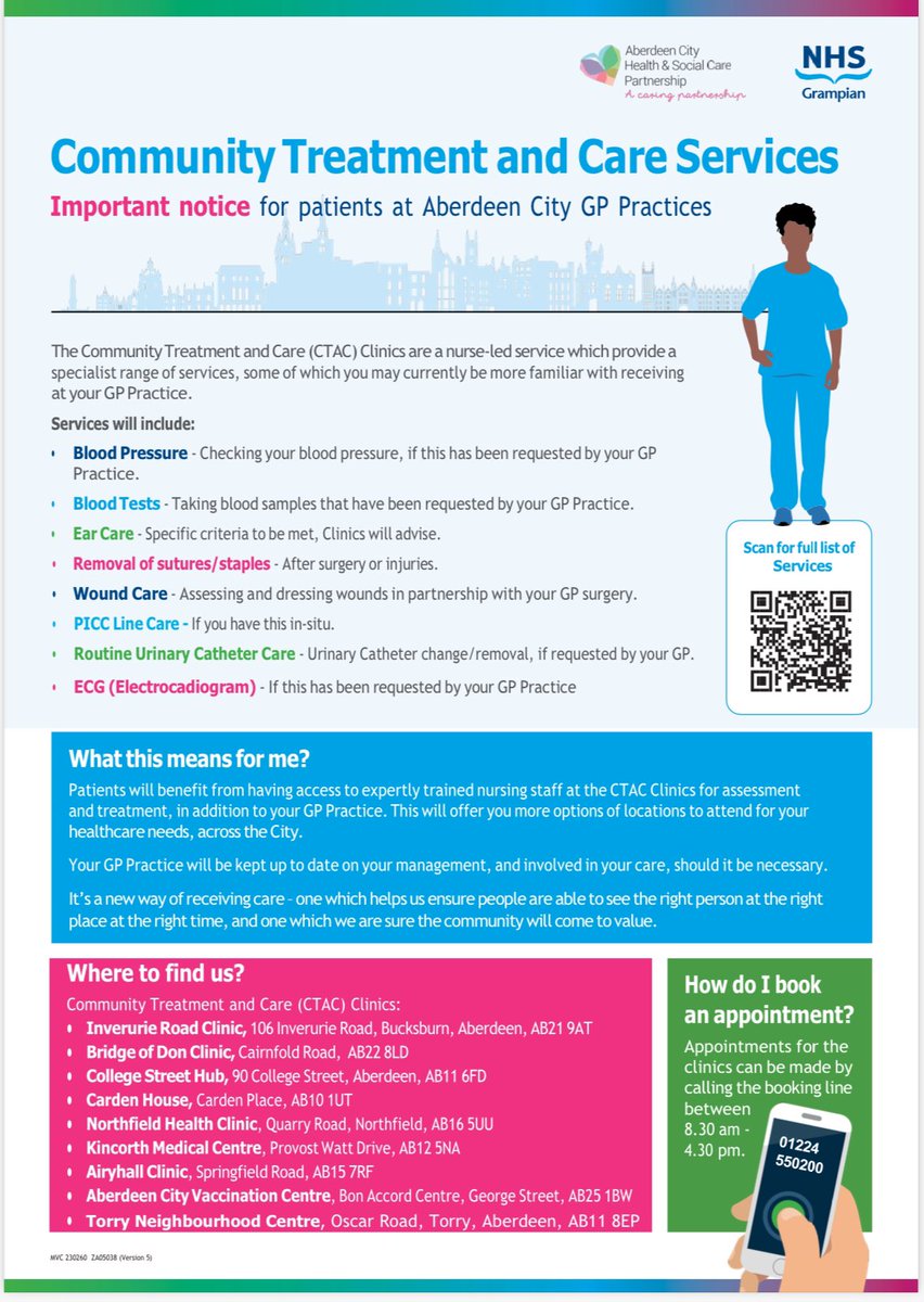 New @HSCAberdeen CTAC poster. We now have nine (newest in Torry) clinics available across the city as well as CTAC staff embedded most city practices. The service sees over four thousand patients every week. @NHSGrampian @fimitchelhill @Reid1Sandy @carolineand73 @fraserbell15
