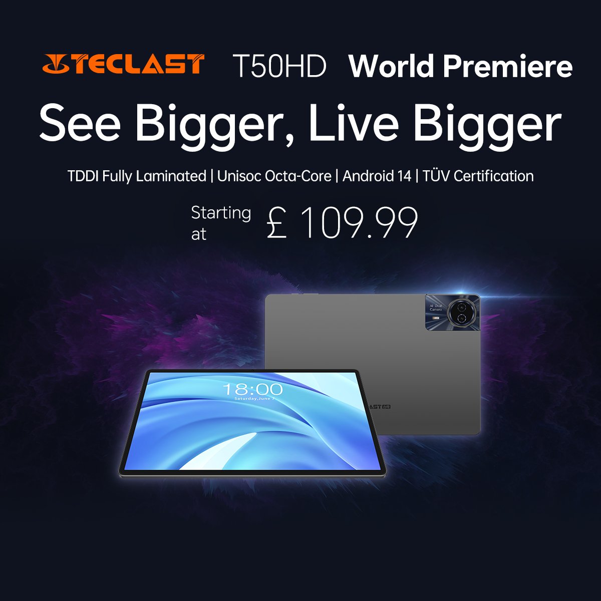 TeclastOfficial's tweet image. 🌟 Just Released! Teclast T50HD, priced at ￡109.99, offers a stunning 11-inch TDDI display and T-Colour 3.0 optimization for a vivid visual experience. Embrace a bigger view at a small price.

Sale Link: geni.us/t50hdsnsam

#SeeBiggerLiveBigger #ValueTech #TeclastT50HD