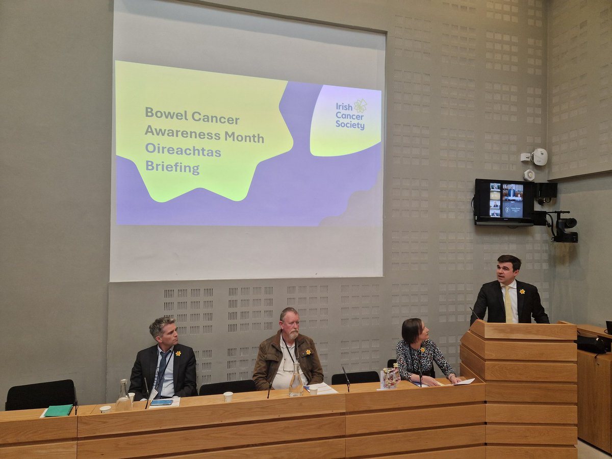 This afternoon, marking #BowelCancerAwarenessMonth, we're briefing TDs and Senators with our Director of Clinical Affairs, @AmyNolanDublin joined by bowel cancer survivor Paul Vickers, and Consultant Oncologist, Prof. David Gallagher.