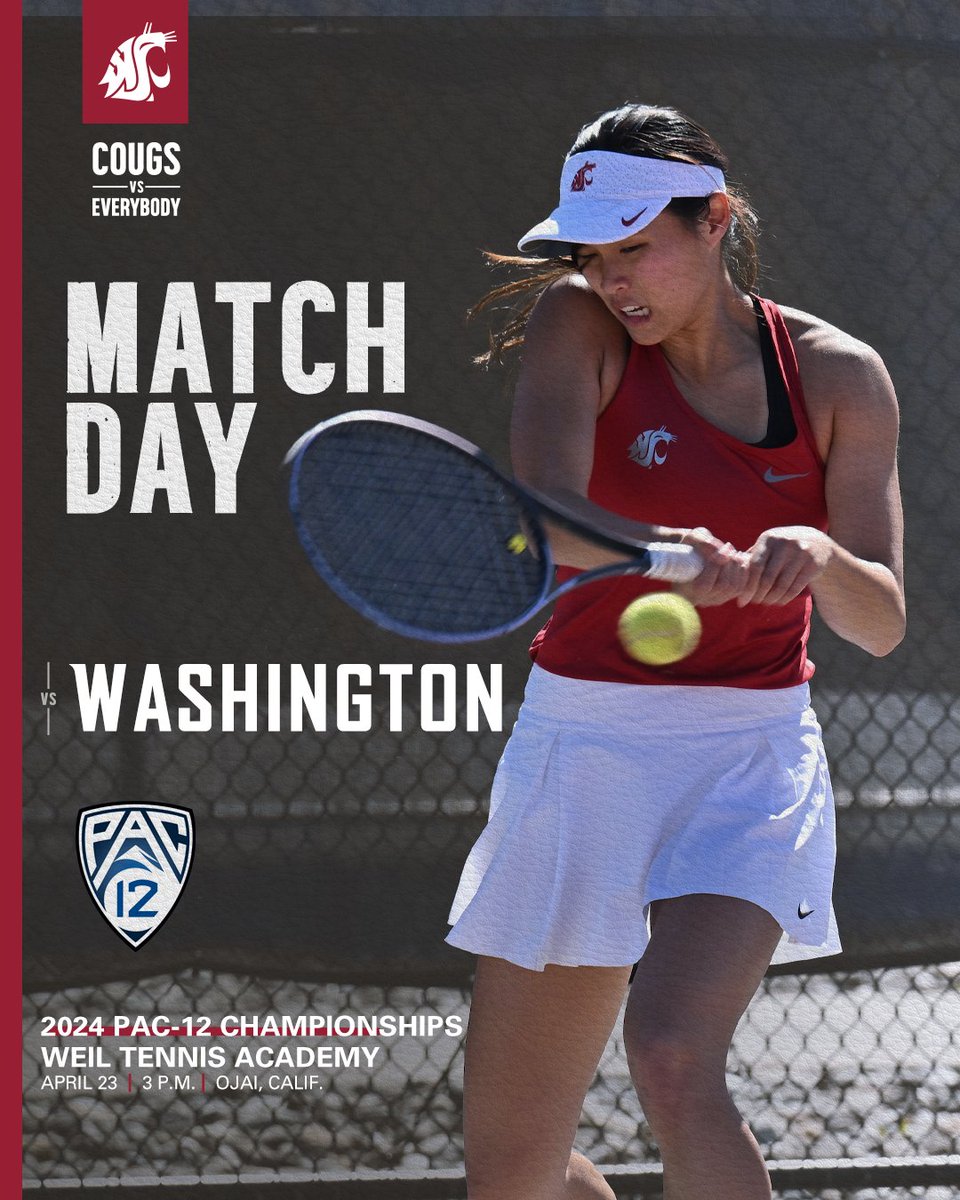 It's MATCH DAY! Cougs open play at the Pac-12 Championship against Washington. WSU looking for repeat of 2022 when it upset UW in this same tournament. 🆚 #26 Washington ⏰ 3 p.m. 📍 Weil Tennis Academy | Ojai, Calif. 📊 youtube.com/watch?v=TwYwjK… #GoCougs