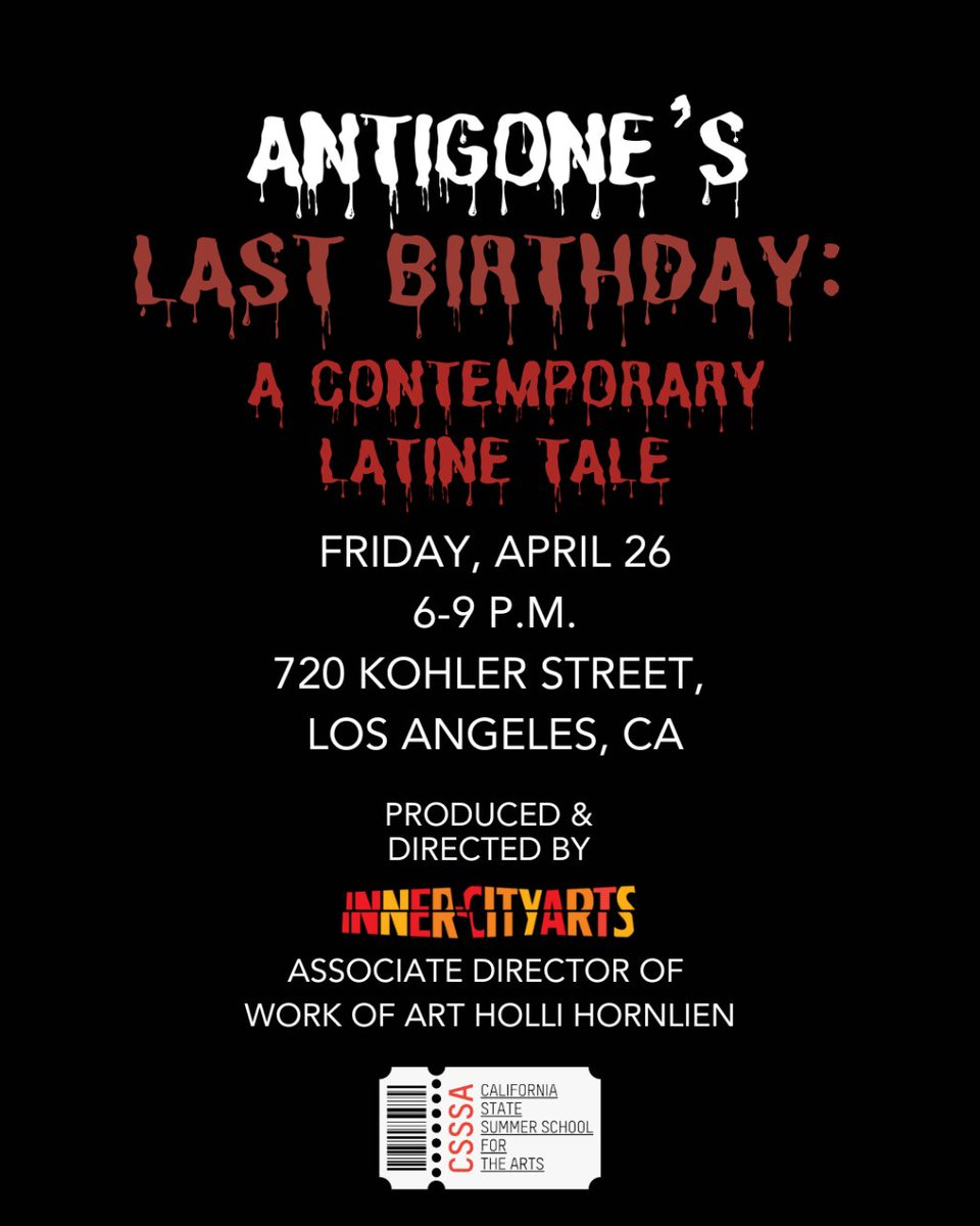 Join us for the Los Angeles premiere of a powerful new adaptation of Antigone!

This contemporary Latine tale reimagines Sophocles' classic tragedy, highlighting teenage girls' power, resilience, and fervor as agents of change.

#InnerCityArts #Antigone #SupportArtists #Antigone