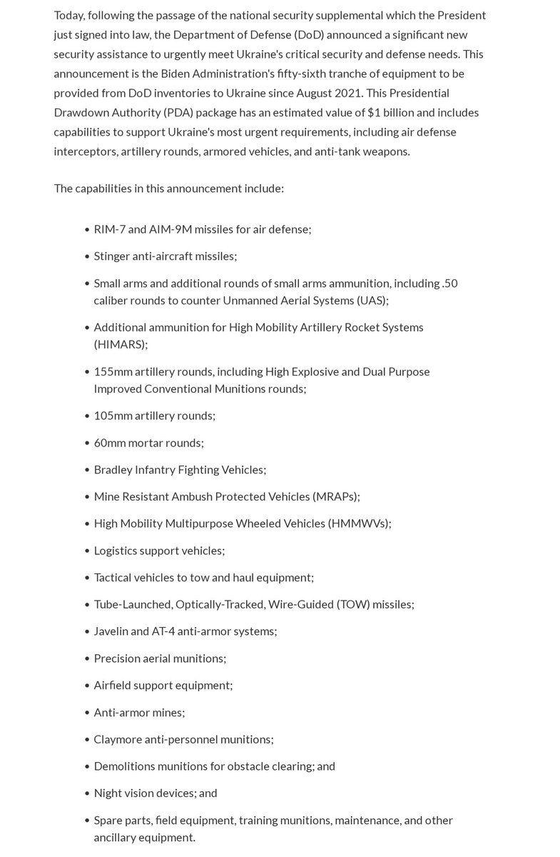 🚨🇺🇲🇺🇦 BREAKING: US Department of Defense announces Presidential Drawdown Authority package #56, worth $1 billion.