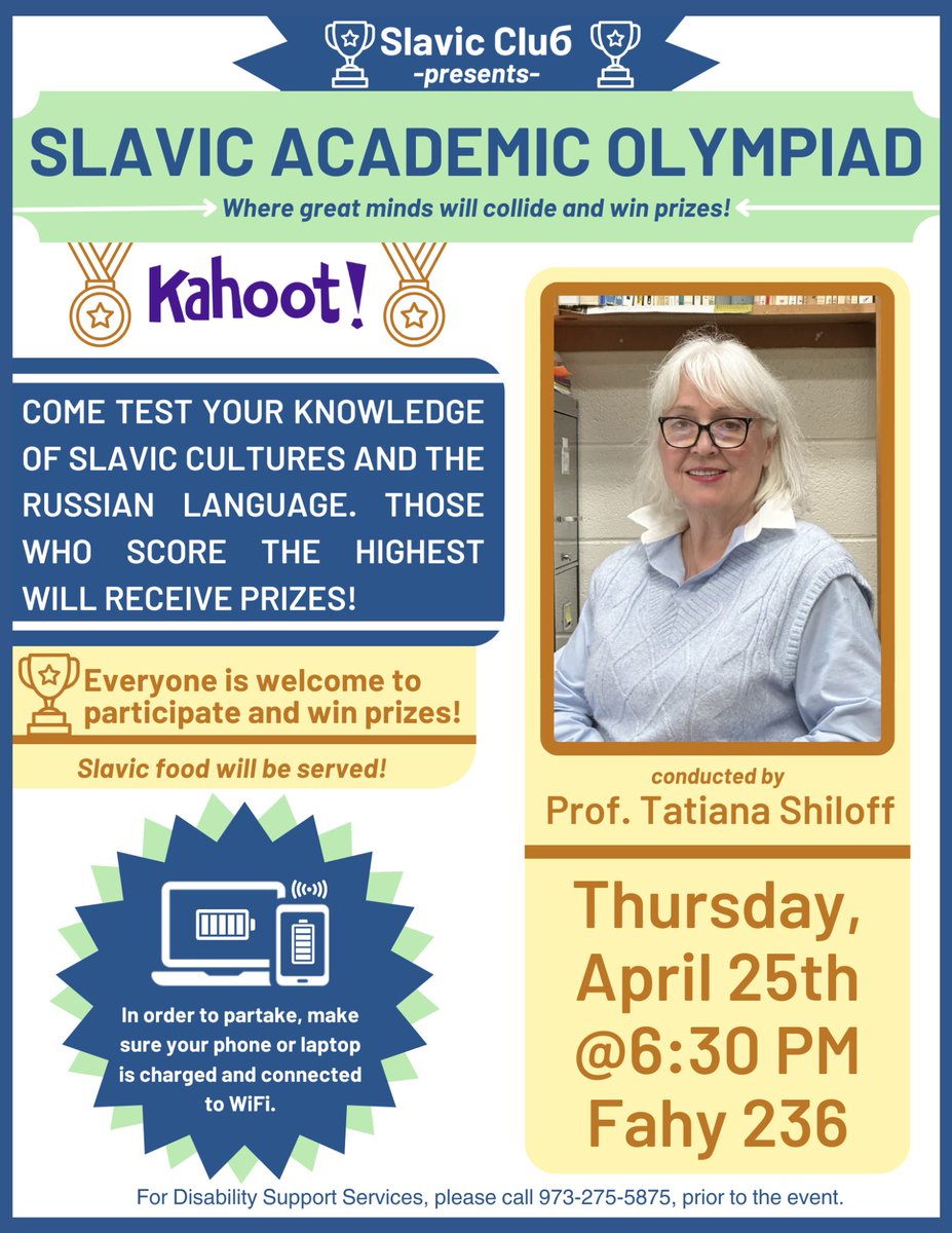 Join the Slavic Club for a Kahoot night to test your knowledge of Slavic Cultures. Prizes will be awarded to the winners! Come out tomorrow night at 6:30 pm to participate in this exciting event.