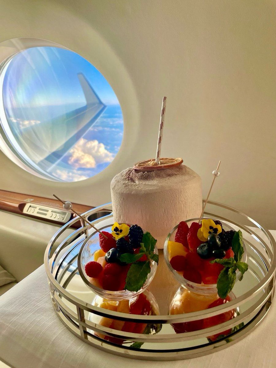 Good Morning 🥥 how breakfast should always be served 🍓🧉 🌼🍉 Gulfstream 🛩️