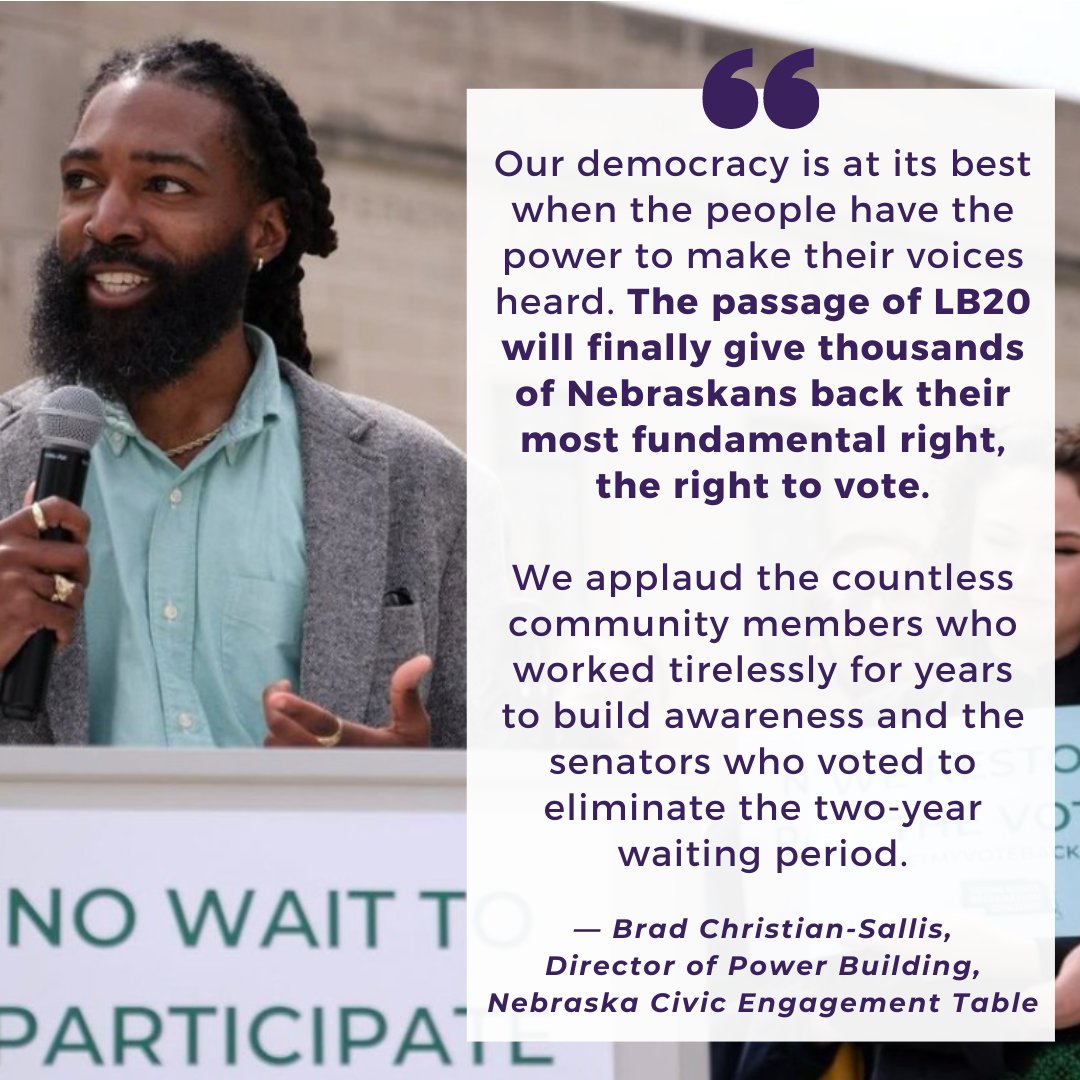 🥳 GOOD NEWS 🥳⁠ ⁠

Thousands of Nebraskans have just had their #VotingRights restored! ⁠ ⁠

The people of Nebraska have used their voice & power to pass LB20 into law, which removes the extra 2-year waiting period for Nebraskans who have completed a felony sentence to vote.