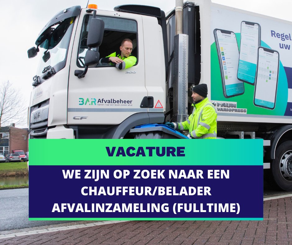 nv_bar's tweet photo. 👀 Vacature chauffeur/belader afvalinzameling ✨

Hou je van een schone wijk? Ben je het liefst de hele dag onderweg? Hou je van afwisseling van voertuigen en locatie? Dan zijn wij op zoek naar jou!

ℹ️ Meer info https://t.co/yIXyQTpm19 

#barafvalbeheer #vacature #werkenbij https://t.co/ggeKaXfgaE