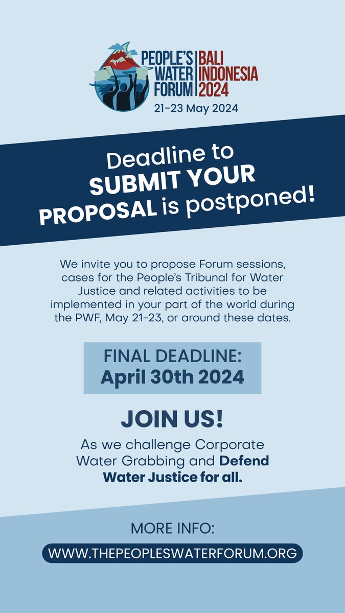 The deadline to submit event proposals to the People's Water Forum has been extended to 30 April. A choice of formats is available: from roundtables, workshops, and debates, to art exhibitions, music, theatre performances & film screenings. More info➡️thepeopleswaterforum.org/bali/bali-cfp/