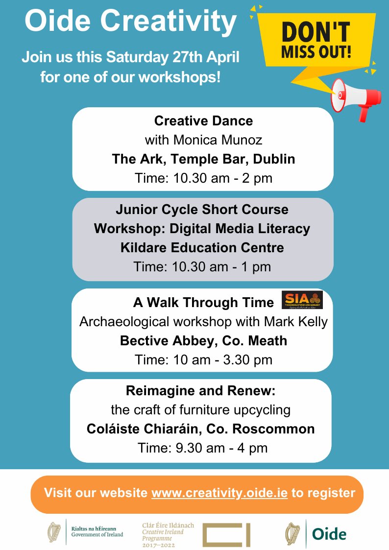 We have a number of workshops happening around the country this weekend. Visit our website to find out more and to register: creativity.oide.ie