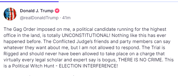 IamVyv's tweet photo. It is so wuckfitted that it cannot see the irony in its lies.
It is responding in its messages, including this one!
It responds in its BS and lies filled rants outside the court!
It responds at its rallies!
I opine it is guilty of ##TrialInterference!
#USDemocracy
#DemVoice1
#DemsUnited