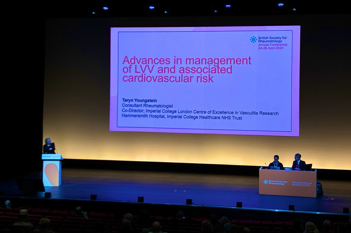 State-of-the-art talk by @TYoungstein on Large Vessel #Vasculitis at #BSR24: 1️⃣>50% of #GCA patients on #tocilizumab will flare over 3 years 2️⃣New therapies? #abatacept #secukinumab 3️⃣TNF-α levels correlate with disease activity in #Takayasu 4️⃣CVD risk is high despite treatment