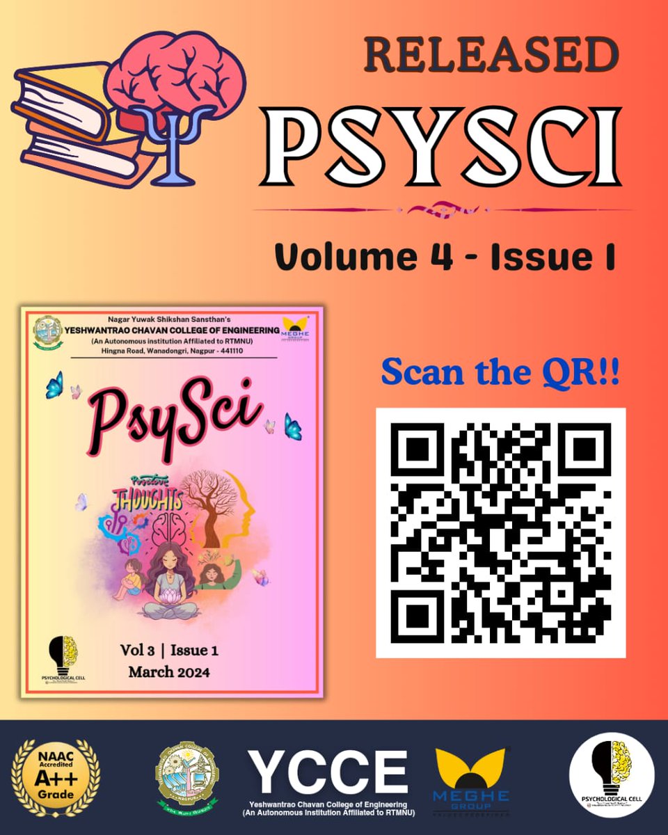 Hello Everyone! We are thrilled to announce the release of the latest edition Psychological Cell, YCCE Magazine "PsySci", themed around the transformative power of positivity in life!

🖇️ Link: yumpu.com/s/slG4CPyHeqfd…

Regards, 
Psychological Cell, YCCE
#ycce #Psychology