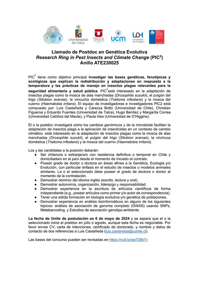 Tenemos abierto un cargo de Posdoc en Genetica y Genomica Evolutiva, para nuestro Anillo PIC2, por favor pasar la voz!!