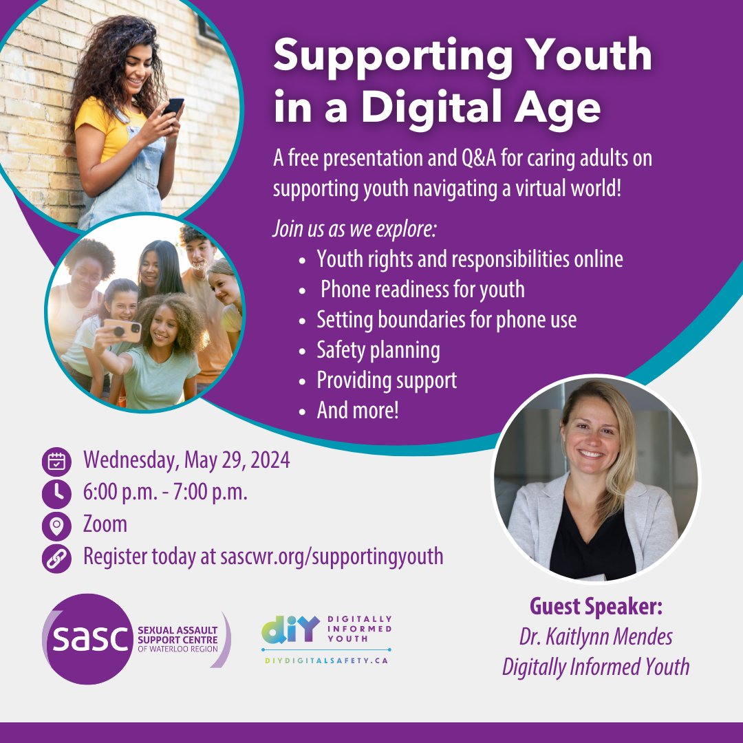 Supporting Youth In A Digital Age Don't miss our free presentation with Dr. Kaitlynn Mendes from @DiyDigSafety! 🗓️ Wed, May 29, 2024 🕕 6:00 p.m. - 7:00 p.m. EST 📍 Zoom 👩‍👧‍👦 Parents, caregivers, teachers, support workers, & more are welcome! RSVP: sascwr.org/supportingyouth!