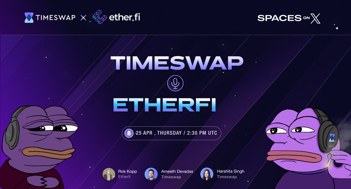 TimeswapLabs's tweet photo. Join our Spaces with Etherfi tomorrow!

⏰ When: 2:30 PM UTC, 25th April

What's on deck?

• weETH pool’s strategies on Timeswap
• Etherfi's airdrop experience 🪂
• Future roadmaps for both projects

Don't miss out on alpha! RSVP now -> https://t.co/66dBIqFJBC