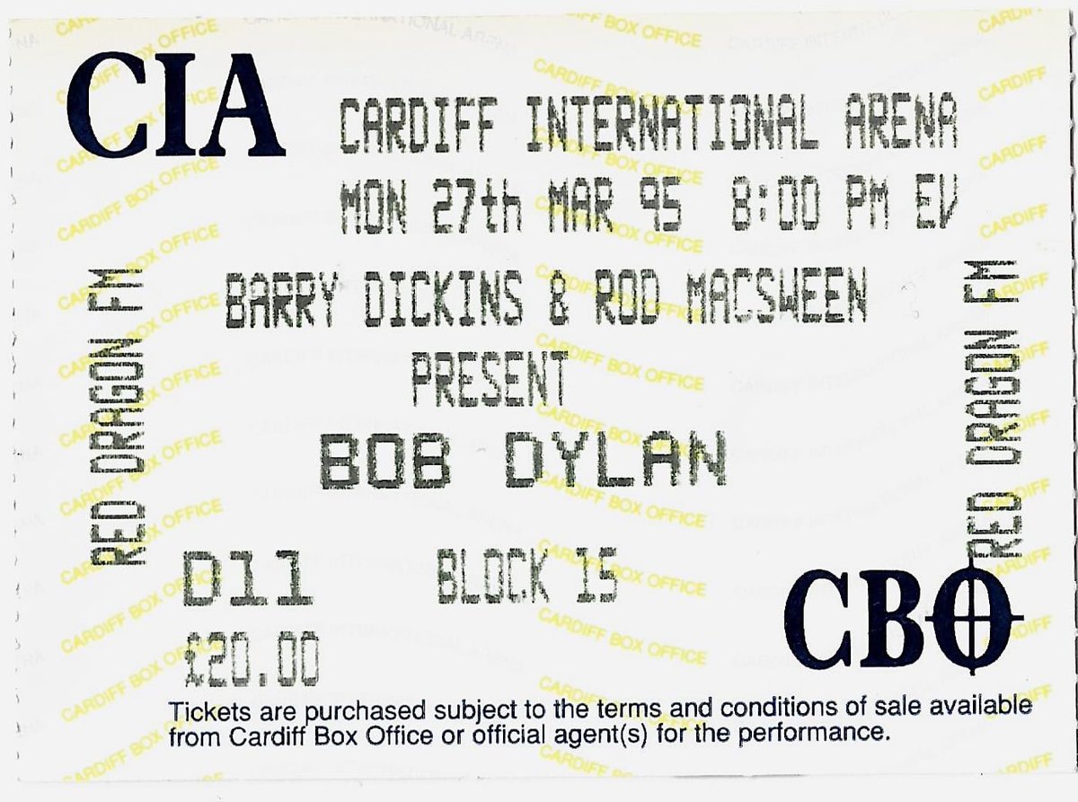 Bob Dylan - Cardiff International Arena - 27th March 1995 ticket Archive item: 261 / donation @bobdylan #caerdydd #cymru #cardiff #wales #cardiffmusichistory @UtilitaArenaCDF
