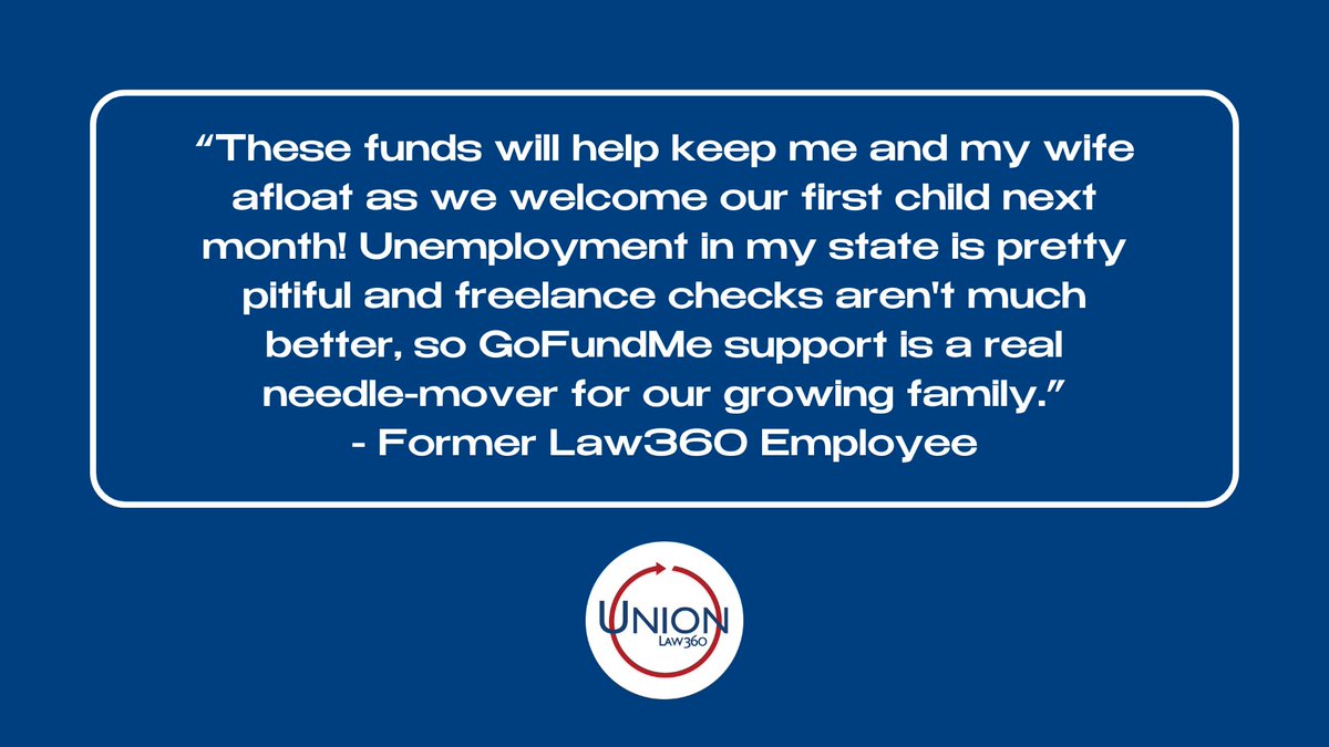 We're still fundraising for ex-Law360 workers who were laid off in violation of labor law and haven't received severance or health insurance subsidies from @Law360 You can donate here to help our colleagues with childcare, rent & other living expenses: gofund.me/27bce3d4
