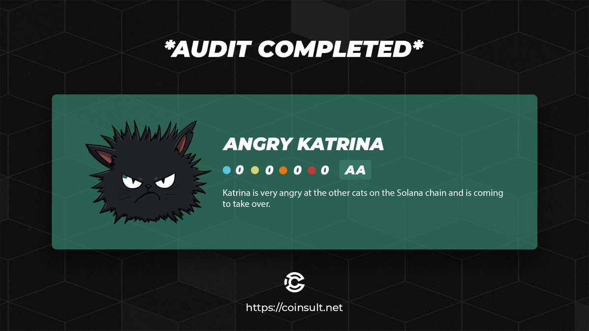 CoinsultAudits's tweet photo. 🔒 AUDIT COMPLETED FOR ANGRY KATRINA

🎁 GIVEAWAY: $10 (48 hours)

1⃣ Follow @Angry_Katrina & @CoinsultAudits
2⃣ Like + RT this tweet
3⃣ Place a comment 💬

Go check out the full project page of Angry Katrina 👇
https://t.co/BVzodksCCm

#giveaway #audit #smartcontract #cryptogiveaway #crypto