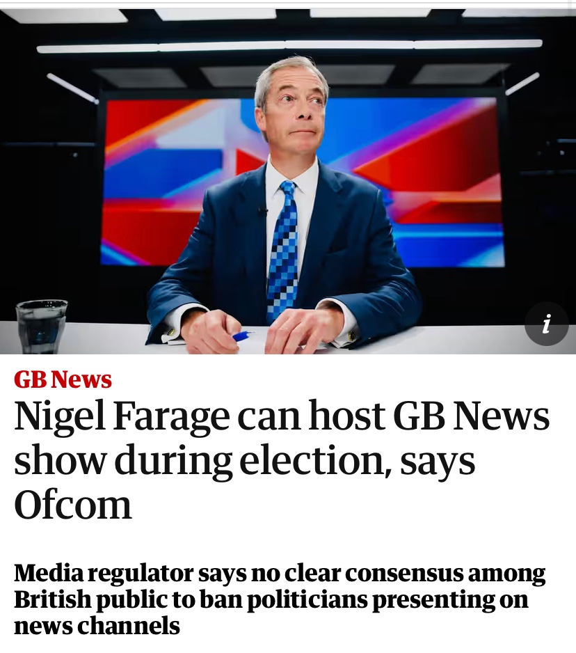 Now imagine the fury if Channel Four News were anchored by Sir Keir Starmer, or the News at Ten by Gary Lineker… Farage himself would have an aneurism live on GBNews.