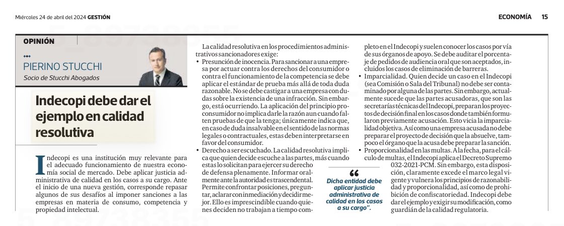 #CalidadResolutiva. Para dar el ejemplo, una entidad administrativa debe asegurar la presunción de inocencia, el derecho a ser escuchado y la imparcialidad objetiva. Comparto opinión en este sentido en relación con el <a href="/IndecopiOficial/">Indecopi Oficial</a>. Su #adn institucional debe ser fortalecido.