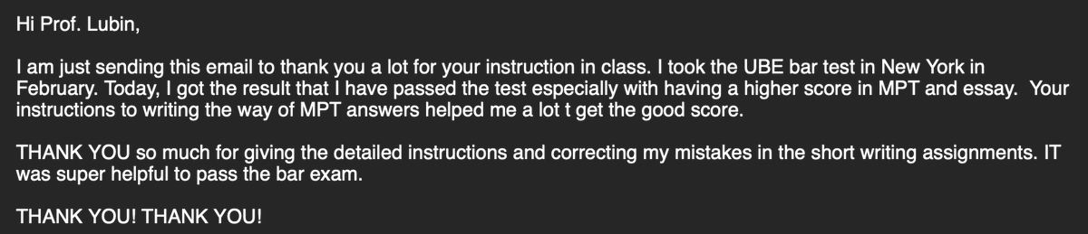 It's a day in the office. You're struggling to meet deadlines, impostor syndrome kicks in, & you're doomscrolling the news. Then you get an email from a student who passed the bar & associates your instruction with her success. You're immediately reminded why you love your job!
