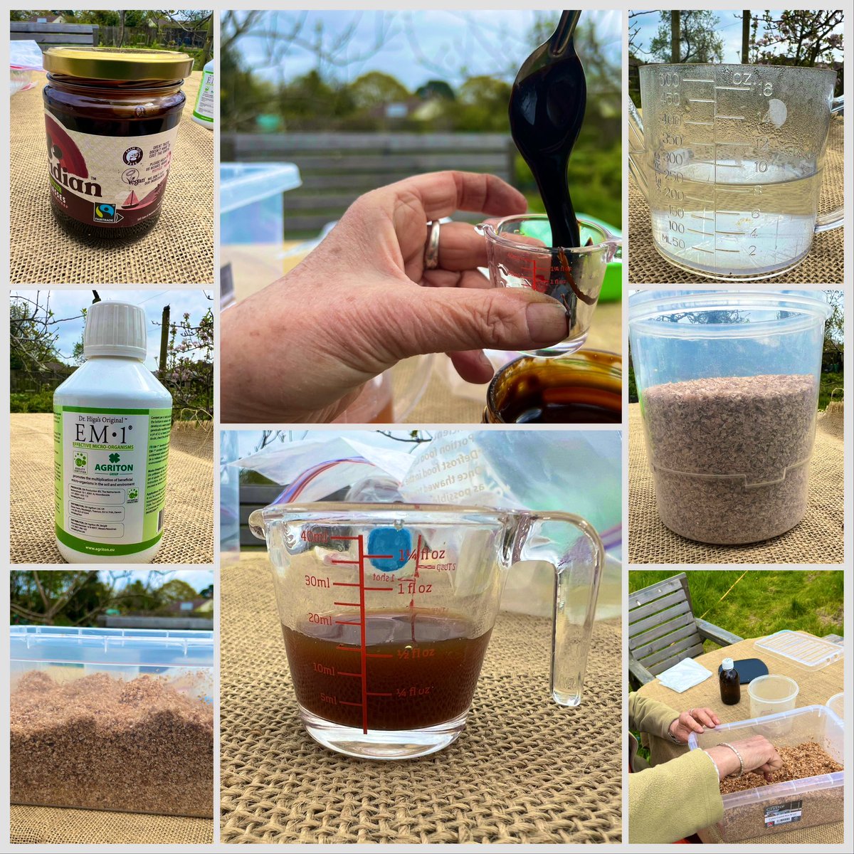 Bokashi bran workshop. Pennington Community Allotment Don’t buy it; make it cheaply! 15ml molasses (<a href="/FairtradeUK/">Fairtrade Foundation</a> vegan palm oil free)+ 15ml EM1 microorgs + 250ml warm water. Mix &amp; add to 500g bran. Bag &amp; keep anaerobic <a href="/Choclette8/">Choclette</a>  <a href="/TransitionTog/">Transition Together</a> <a href="/PeatFreeApril/">PeatFreeApril</a> <a href="/BadlyBehavedOne/">Kim Stoddart</a>