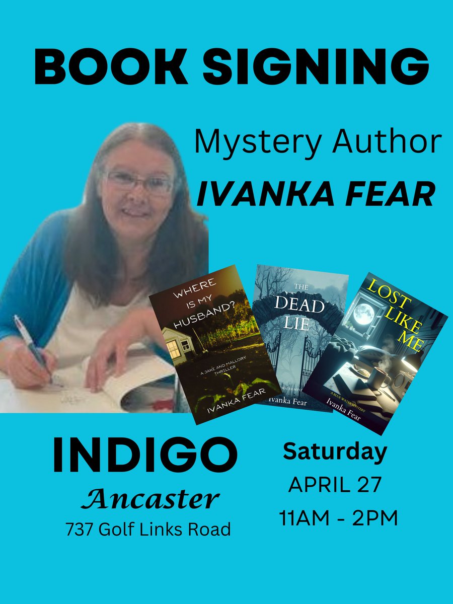 If you happen to be in the Ancaster area this Saturday, stop by for an author-signed copy. #authorevent #booksigning #ivankafear #ancasterontario #indigoancaster #indigobooks #mysteryauthor #thrillerreaders #canadianfiction #canadianauthor #crimewriterscan #itwdebuts
