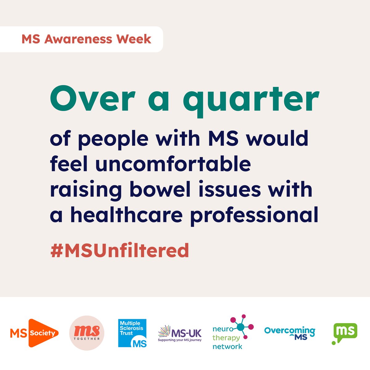 This #MSAwarenessWeek - over a quarter of people with MS would feel uncomfortable raising bowel issues with a health professional.
I am here to tell you really not to worry. They have seen it all before and just want to support you. #MSUnfiltered