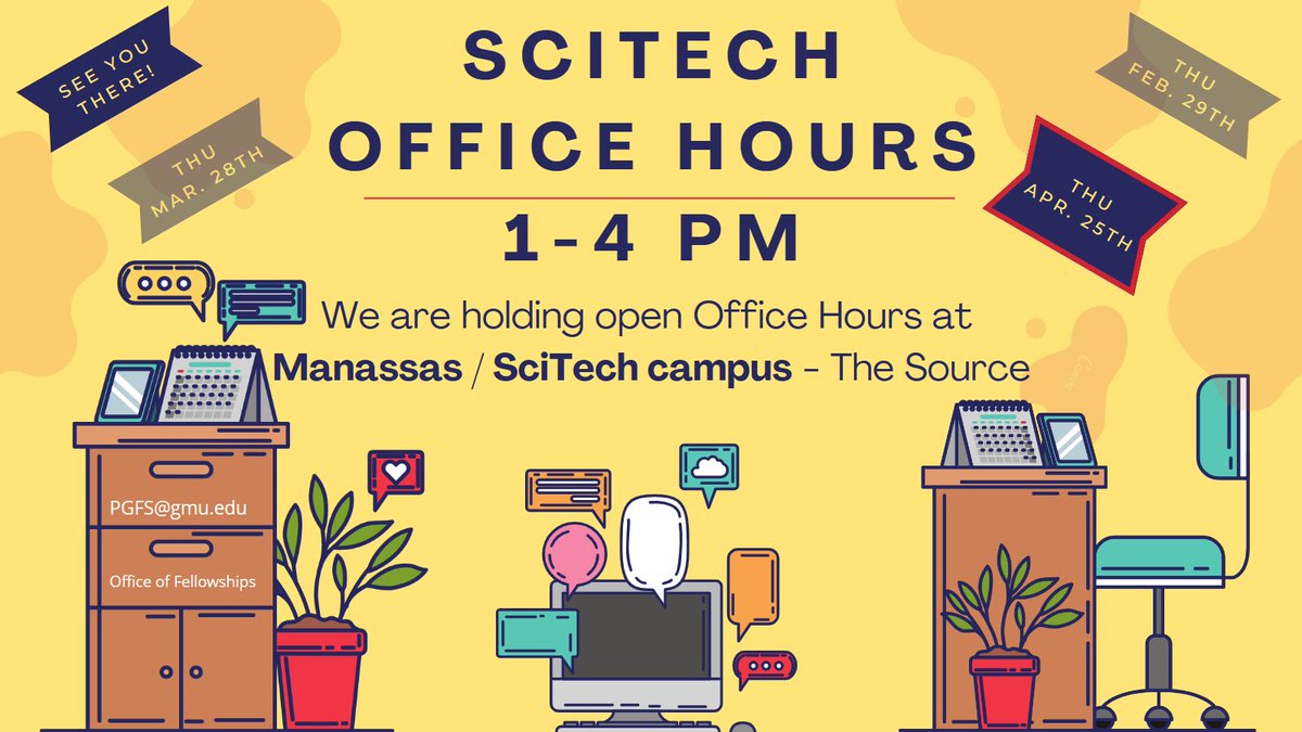 GradFellowsGMU's tweet photo. LAST DAY - TOMORROW!! We welcome you to join our open #officehours at SciTech Manassas campus this Spring semester! Let's talk fellowships and possible external funding opportunities - NO appointment needed - see you all there. https://t.co/KVl50fz0bz