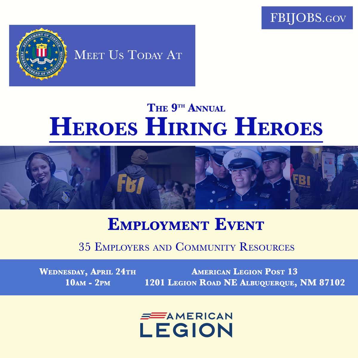 #FBI #Albuquerque will be at American Legion Post 13 today for an employment event. Stop by & explore the benefits to continuing your service with us. Have questions? Our Recruitment Team is ready to help you explore #FBIjobs and career paths. #veterans 📷AF.mil