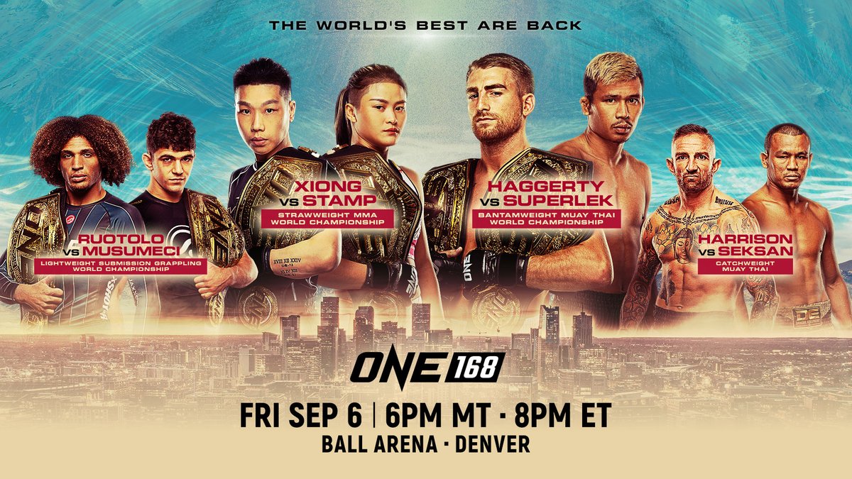 . @ONEChampionship makes its highly anticipated return to the U.S. with ONE 168: Denver on September 6 at Ball Arena – featuring THREE colossal World Champion vs. World Champion battles! Tickets are on sale now, grab yours today! 🎟️: tix.ballarena.com/24OneChampions…