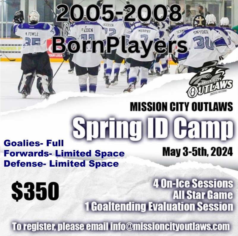Very limited spaces left for our upcoming ID Camp! We have limited forward and Defense spots & our goalie spots are full! Email info@missioncityoutlaws.com to register. #IDCamp #JuniorHockey #PJHL