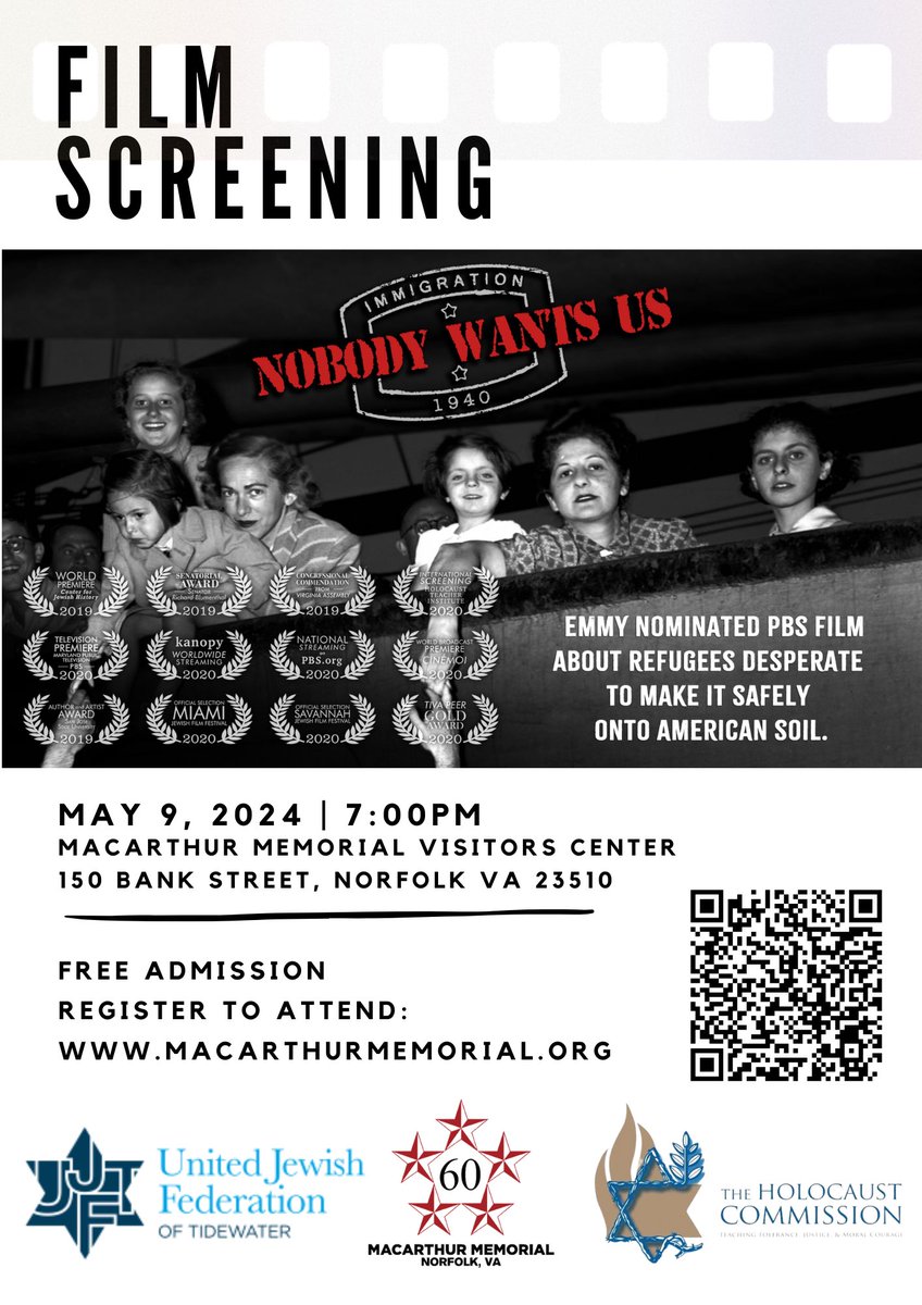 Join us for a screening of our Emmy© nominated PBS documentary Nobody Wants Us Film! Generously hosted by <a href="/MacArthur1880/">MacArthur Memorial</a> in partnership with the Holocaust Commision of <a href="/UJFTidewater/">UJFTidewater</a> 

This is a free event where all are welcome.

#HolocaustRemembranceDay #Immigration #Documentary