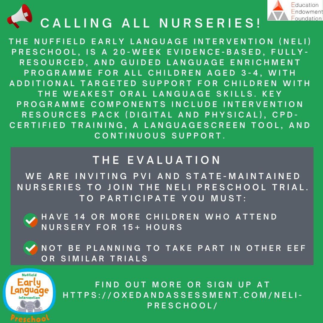 Our hub is funding 38 settings in the Education Endowment Foundation’s NELI Preschool trial, delivered by OxEd and Assessment and evaluated by National Foundation for Educational Research 🌟Sign up now 👉 ow.ly/8Zzh50QVSnl 🐘