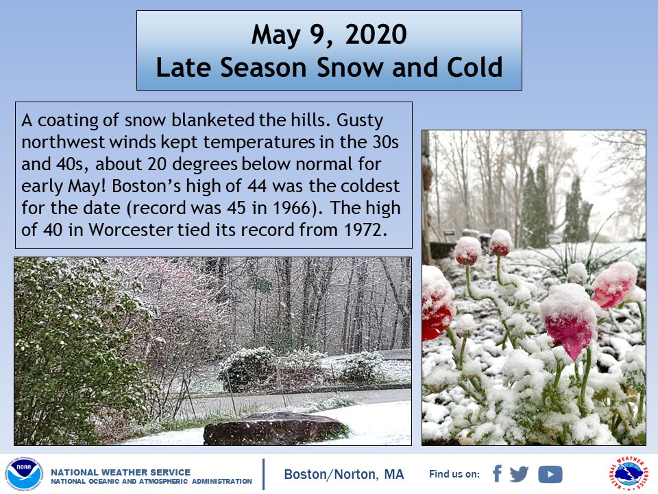 On This Day in Weather History: May 9. 1977: Latest measurable snow in Boston, Hartford, and Providence. 2020: Record cold and some late season snow.