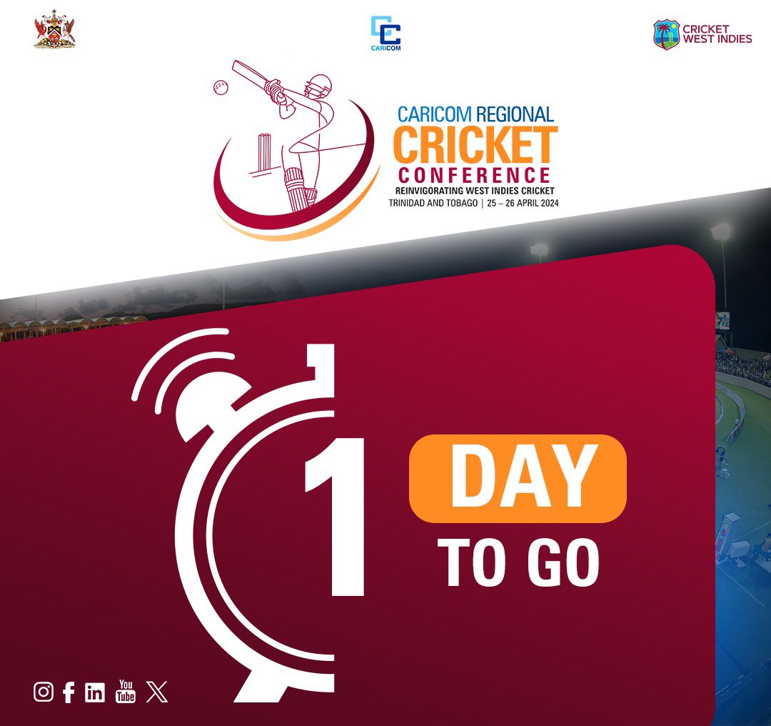 #HAPPENINGTOMORROW
🌅The day we've all been waiting for is almost here
🏏#CARICOM Regional Cricket Conference
📅 25-26 Apr 2024
🏨Hyatt Regency 🇹🇹
💻Join us live on TTT, UWItv  & CARICOM’s social media 
🇦🇬🇧🇸🇧🇧🇧🇿🇩🇲🇬🇩🇬🇾🇭🇹🇯🇲🇲🇸🇰🇳🇱🇨🇻🇨🇸🇷🇹🇹🇦🇮🇧🇲🇻🇬🇰🇾🇹🇨

#REIGNITEWICRICKET #WICRICKET