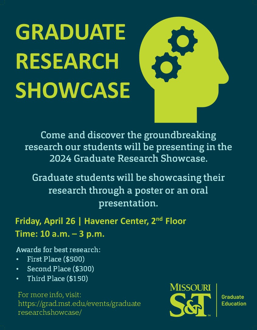 SandTGrdStudies's tweet photo. The 2024 Graduate Research Showcase is almost here! Come out and experience the hard work of our graduate students as they will be presenting their research this Friday, April 26th! #GraduateResearchShowcase #Research #Competition #Miners https://t.co/DkFUbUPFda