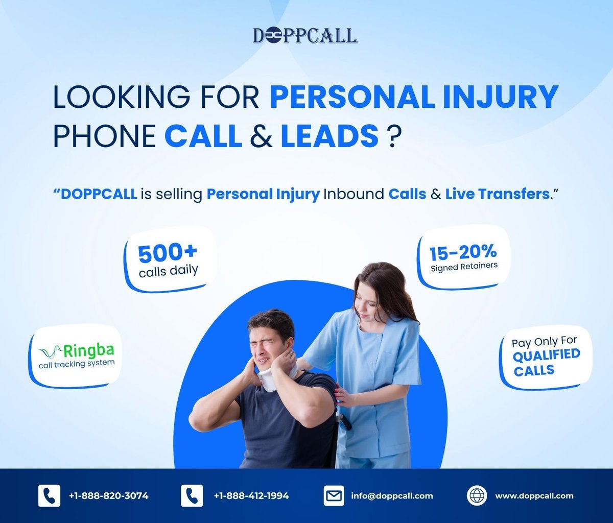 doppcall's tweet image. DOPPCALL is selling Personal Injury Inbound Calls &amp;amp; Live Transfers; available 500+ daily for your Law Firm.

Contact us to see sample ads and landing pages.

📧 info@doppcall.com
☎️ +1-888-820-3074 or +1-888-412-1994
🌐 doppcall.com/personal-injur…

#PersonalinjuryLeads #InboundCall