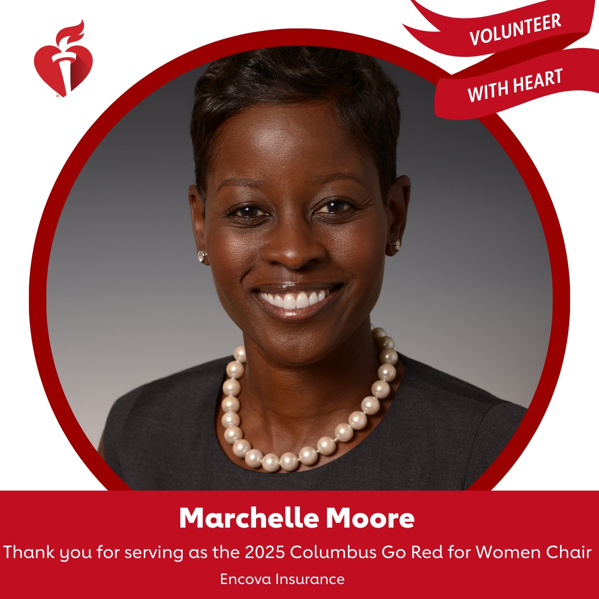 Today we want to celebrate Marchelle Moore at Encova Insurance. This outstanding volunteer is the 2025 chair for the Columbus Go Red for Women initiative, and we couldn't be more thrilled for her leadership. #NVW #VolunteersWithHeart