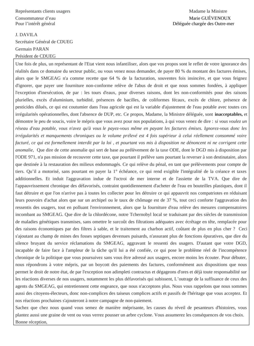 #GermainPARAN Courrier envoyé à notre fraîchement élue, à Ministre Outremer #GermainPARAN  #JacquesDavila